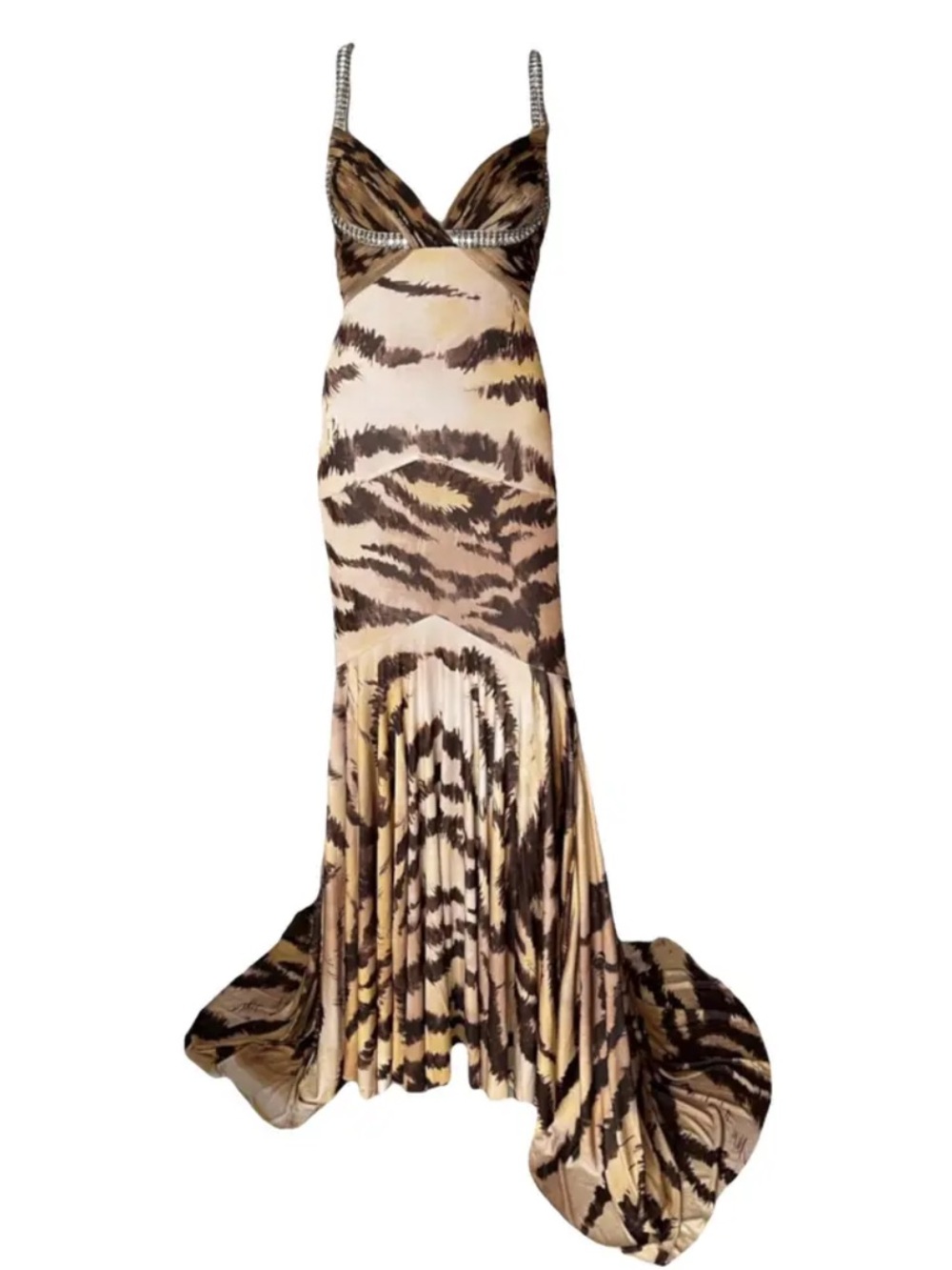 Vintage Roberto Cavalli Beaded Cross-Strap Animal-Print Gown